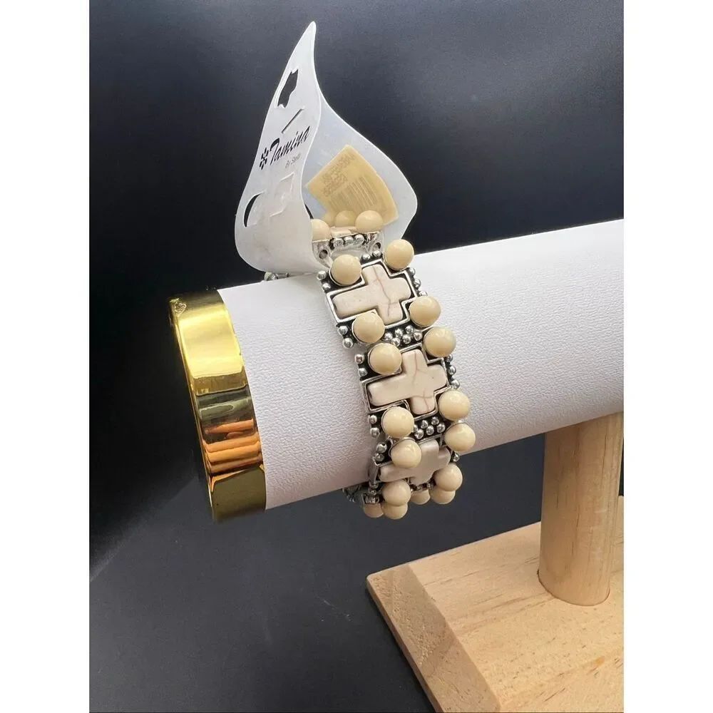 New Tamina By Stella Ivory Cream Silver Tone Resin Stone Cross Stretch Bracelet